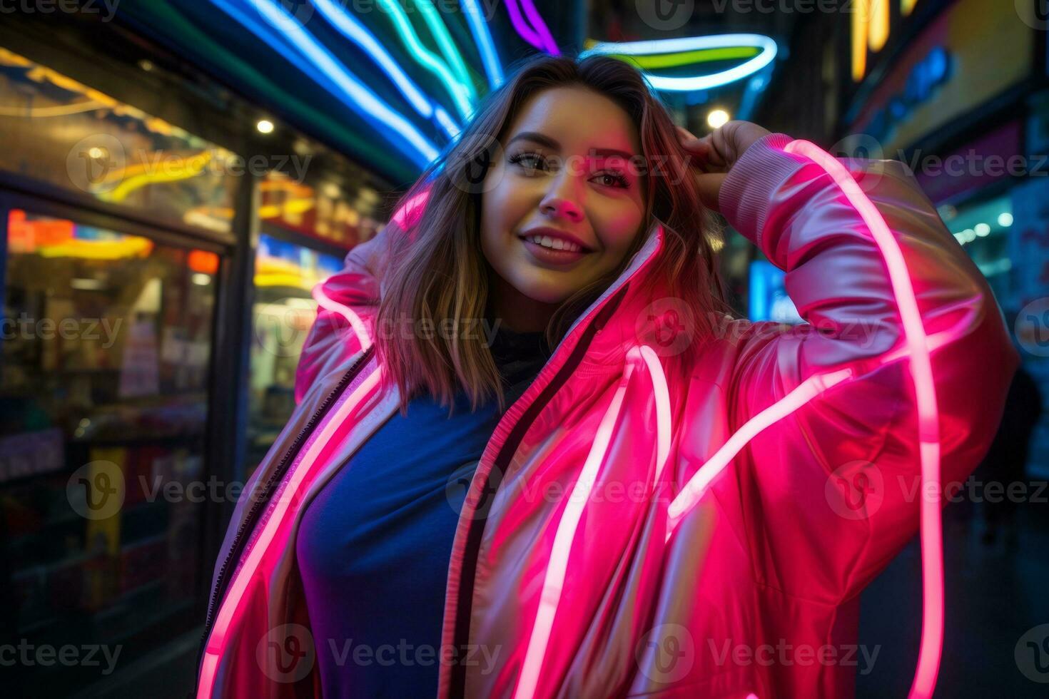 Plus size modern woman rocking modern against the vibrant neon streets AI Generative photo