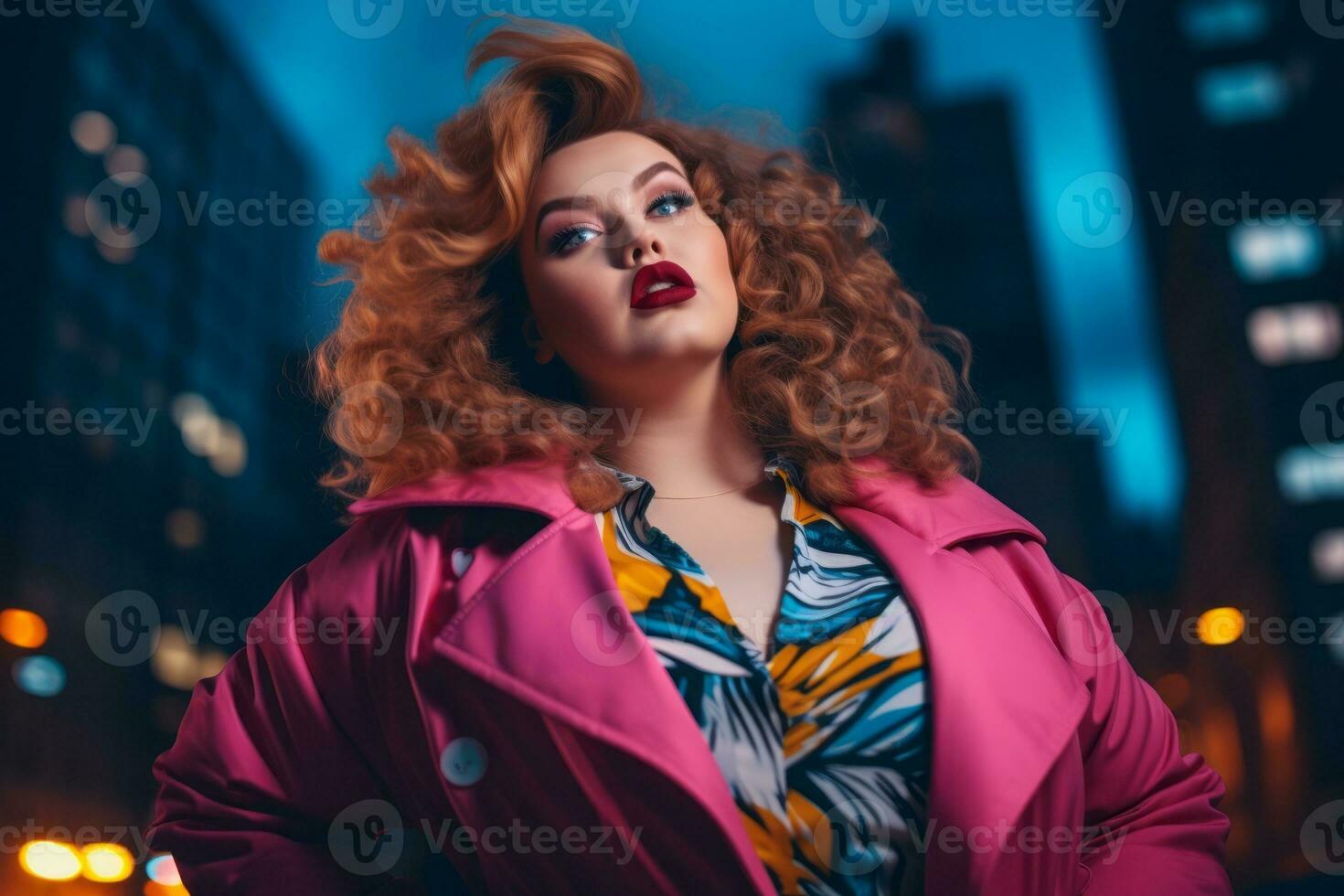Plus size modern woman rocking modern against the vibrant neon streets AI Generative photo