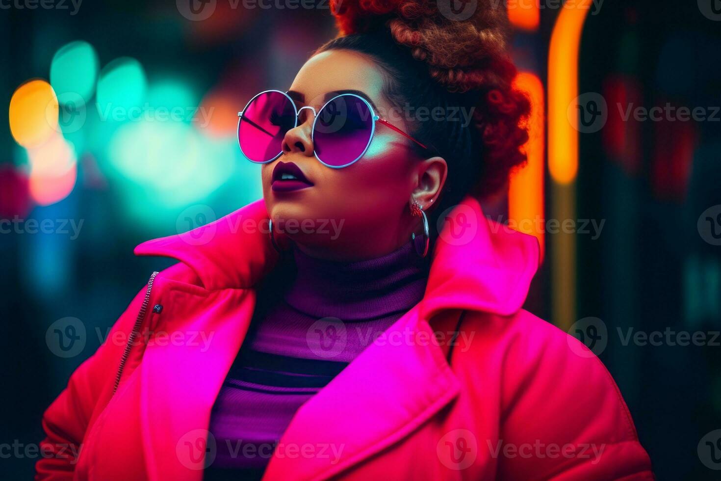 Plus size modern woman rocking modern against the vibrant neon streets AI Generative photo