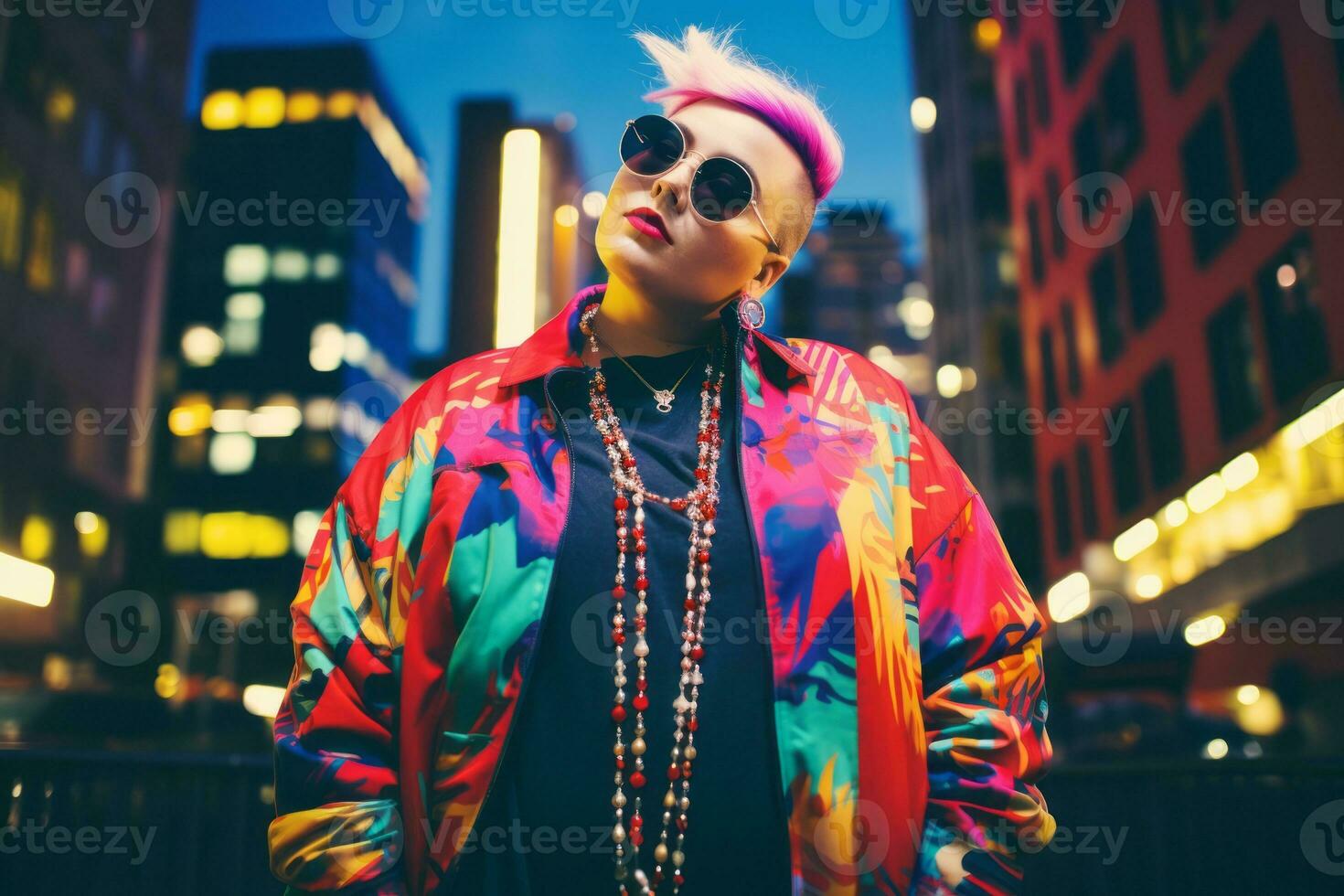 Plus size modern woman rocking modern against the vibrant neon streets AI Generative photo