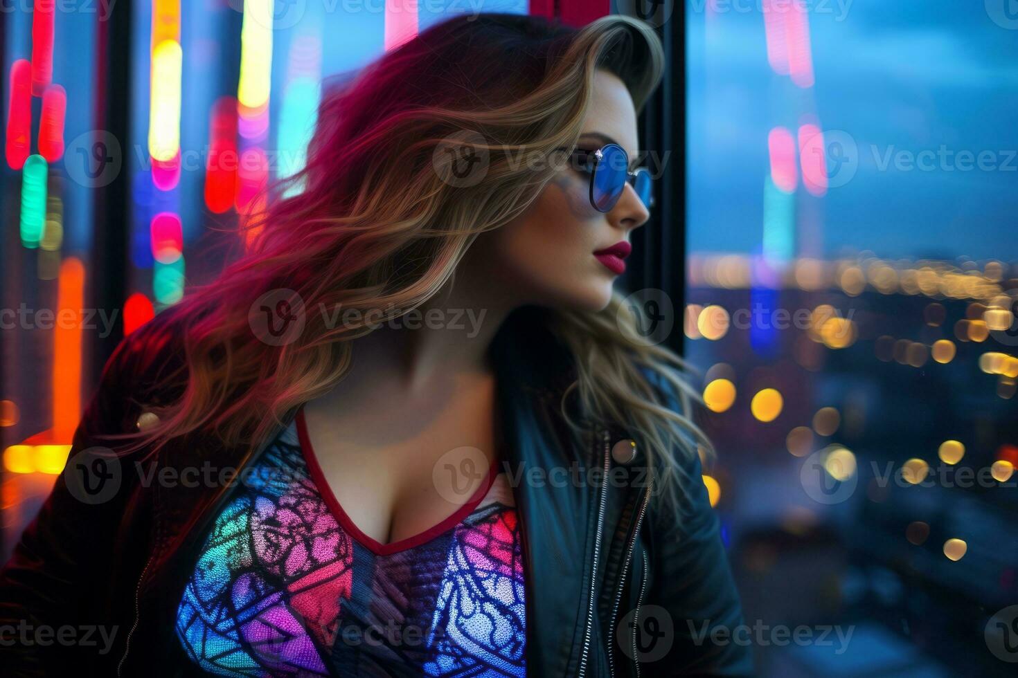 Plus size modern woman rocking modern against the vibrant neon streets AI Generative photo