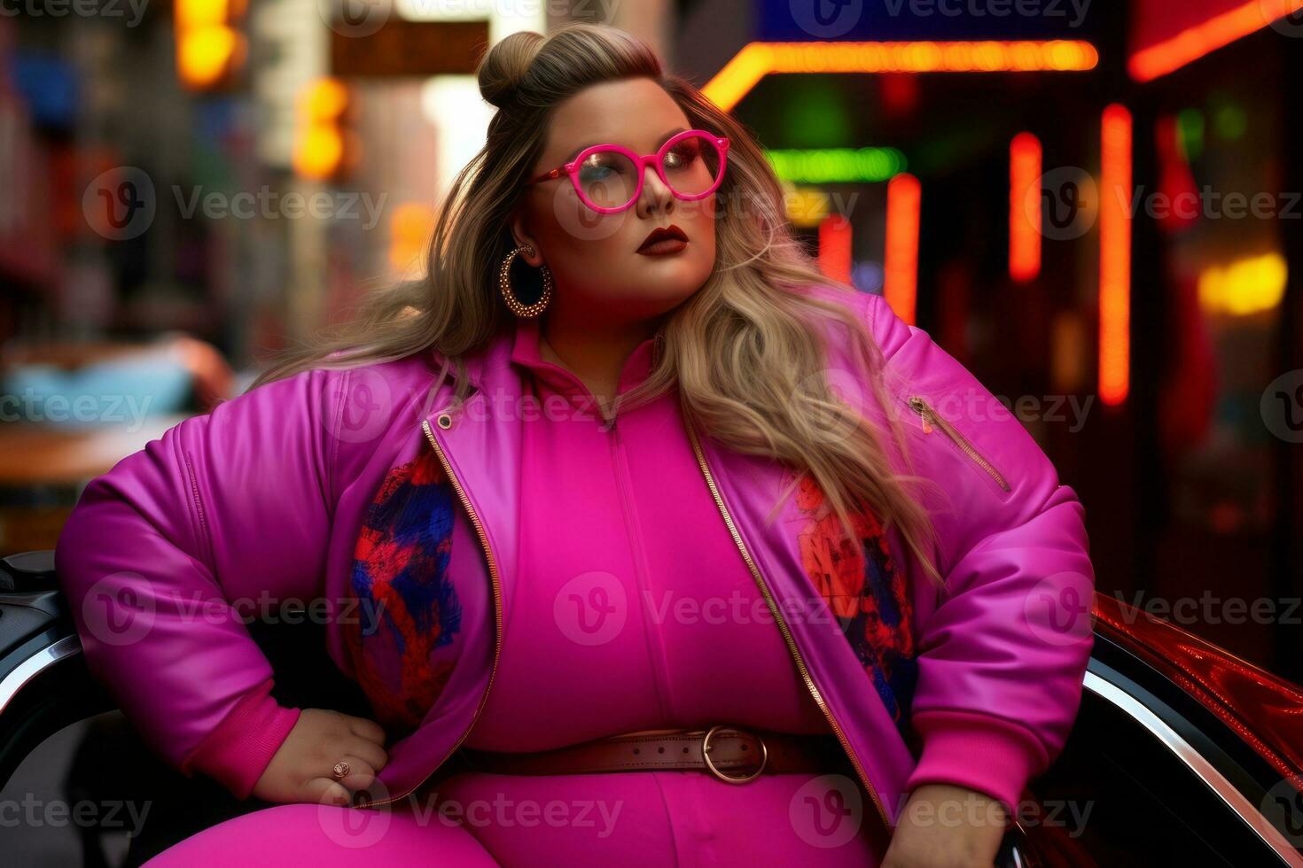 Plus size modern woman rocking modern against the vibrant neon streets AI Generative photo