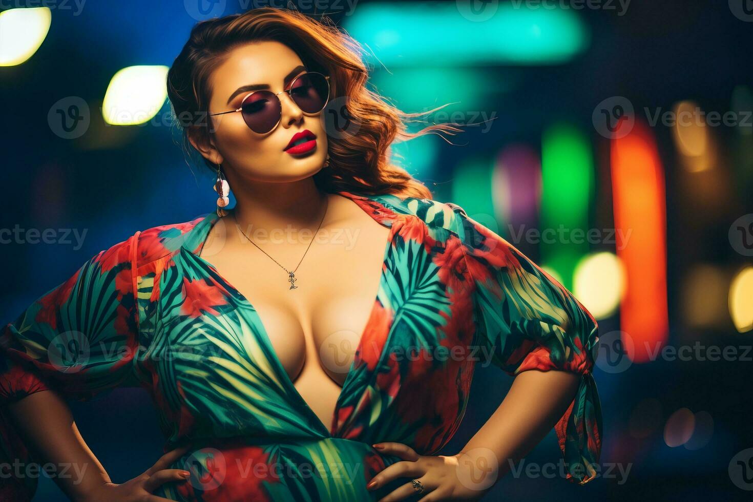 Plus size modern woman rocking modern against the vibrant neon streets AI Generative photo
