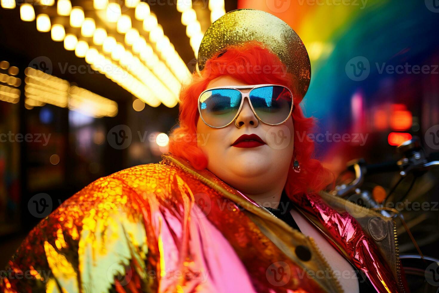 Plus size modern woman rocking modern against the vibrant neon streets AI Generative photo