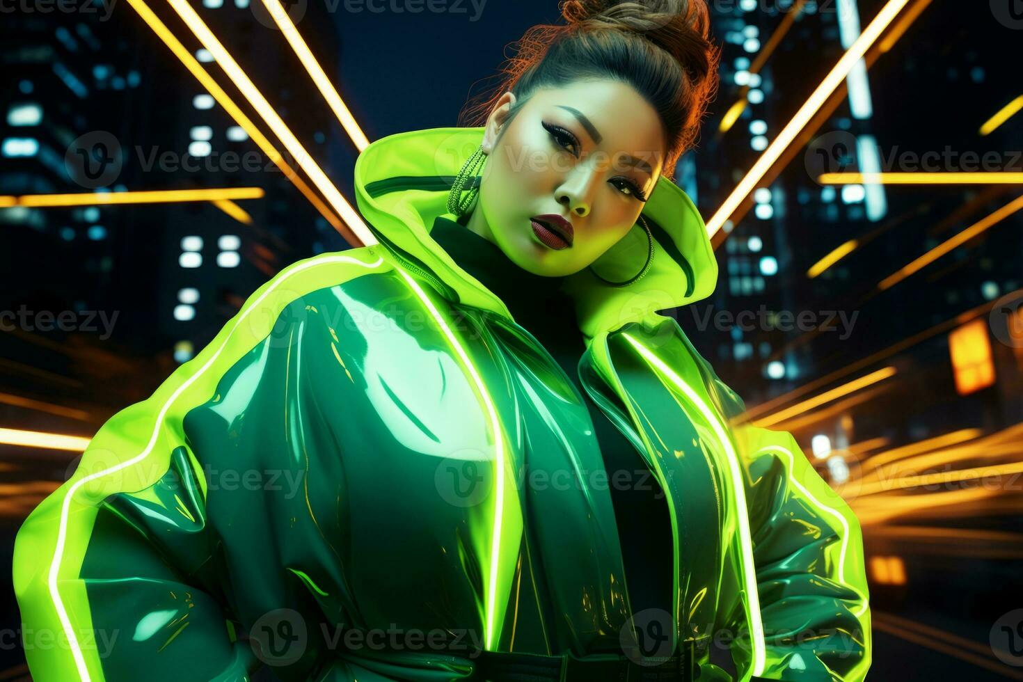 Plus size modern woman rocking modern against the vibrant neon streets AI Generative photo