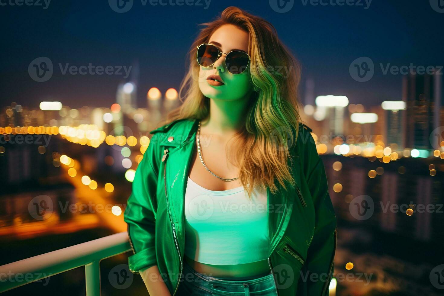 Plus size modern woman rocking modern against the vibrant neon streets AI Generative photo