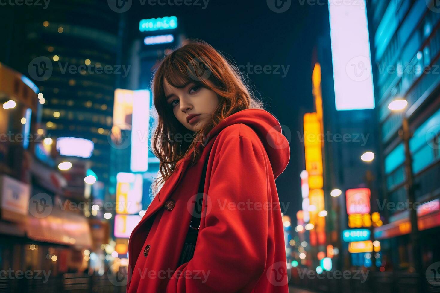 Plus size modern woman rocking modern against the vibrant neon streets AI Generative photo