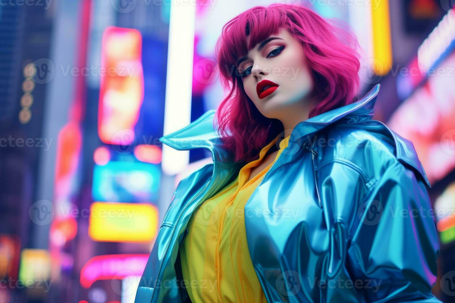 Plus size modern woman rocking modern against the vibrant neon streets AI Generative photo