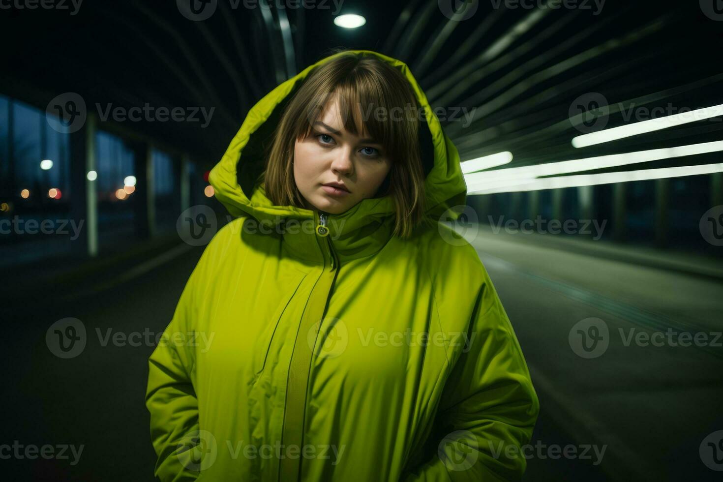 Plus size modern woman rocking modern against the vibrant neon streets AI Generative photo