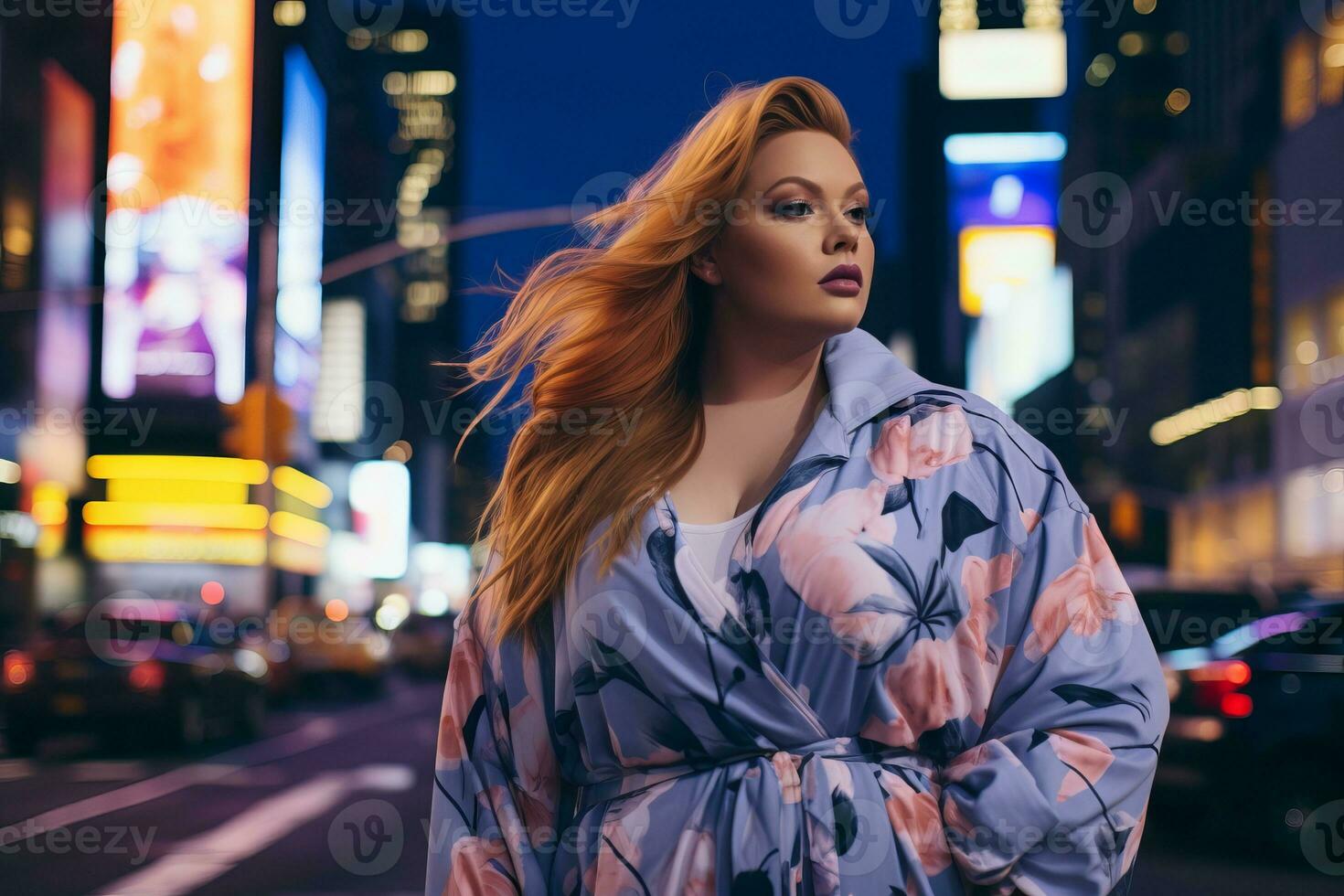 Plus size modern woman rocking modern against the vibrant neon streets AI Generative photo