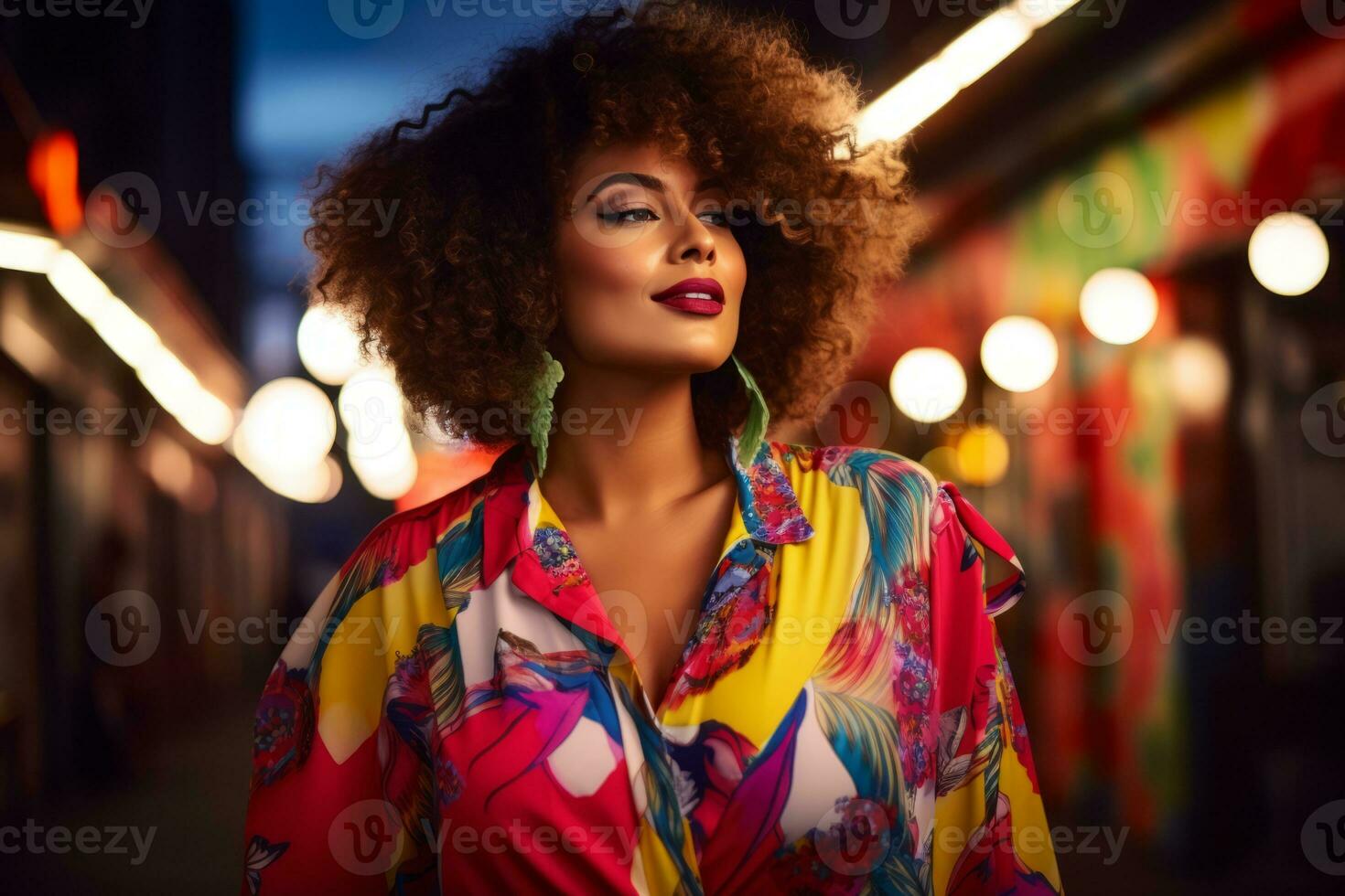 Plus size modern woman rocking modern against the vibrant neon streets AI Generative photo