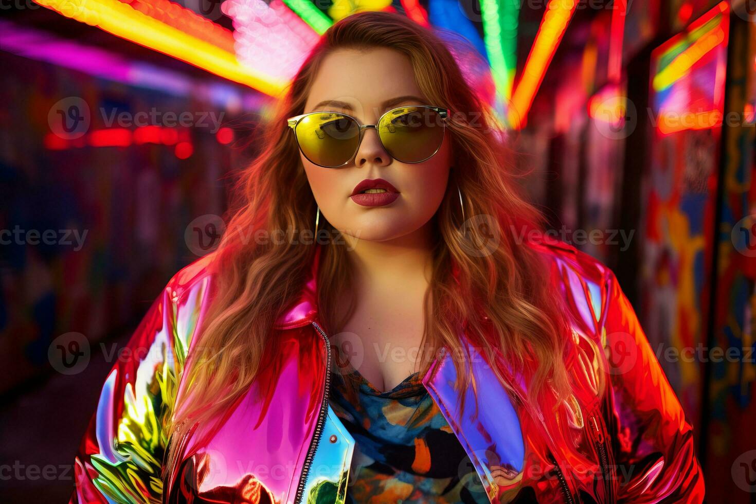 Plus size modern woman rocking modern against the vibrant neon streets AI Generative photo