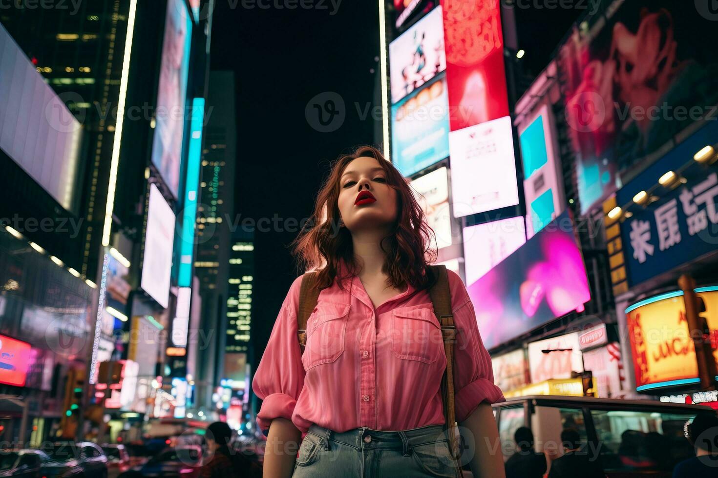 Plus size modern woman rocking modern against the vibrant neon streets AI Generative photo