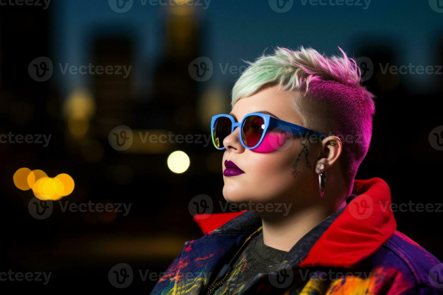 Plus size modern woman rocking modern against the vibrant neon streets AI Generative photo