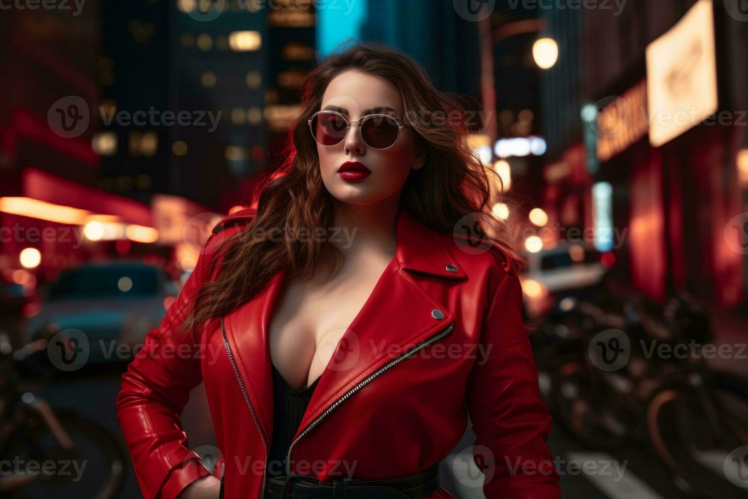 Plus size modern woman rocking modern against the vibrant neon streets AI Generative photo