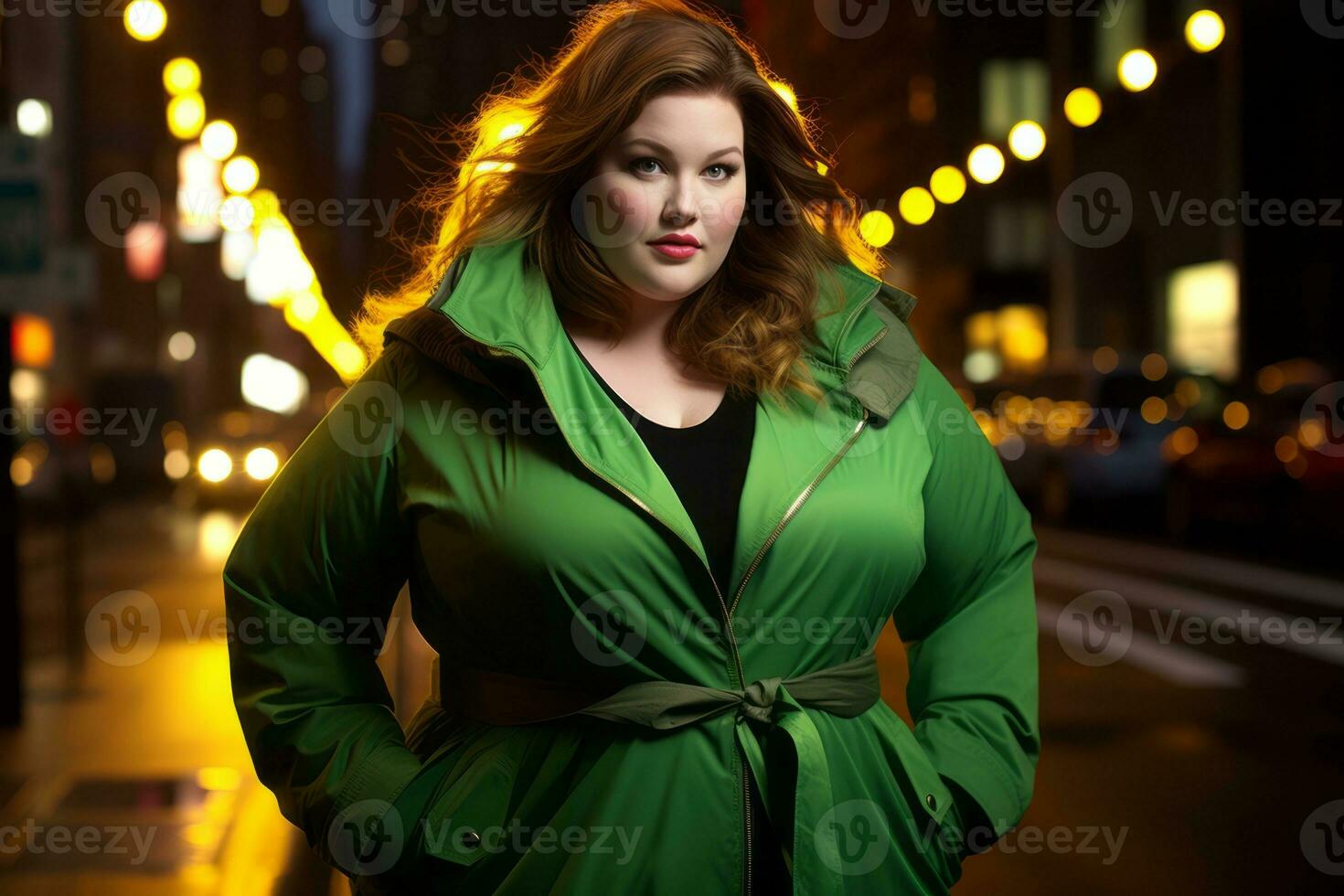 Plus size modern woman rocking modern against the vibrant neon streets AI Generative photo