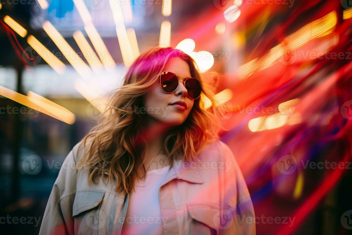 Plus size modern woman rocking modern against the vibrant neon streets AI Generative photo