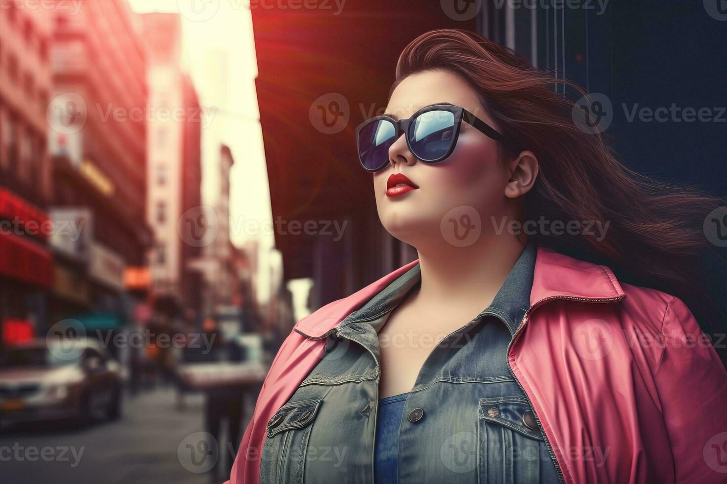 Plus size modern woman rocking modern against the vibrant neon streets AI Generative photo