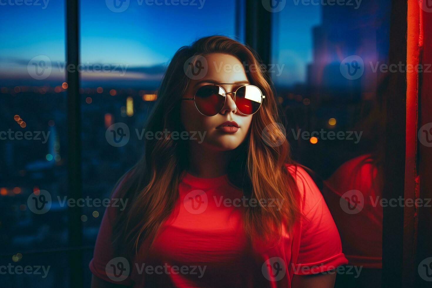 Plus size modern woman rocking modern against the vibrant neon streets AI Generative photo