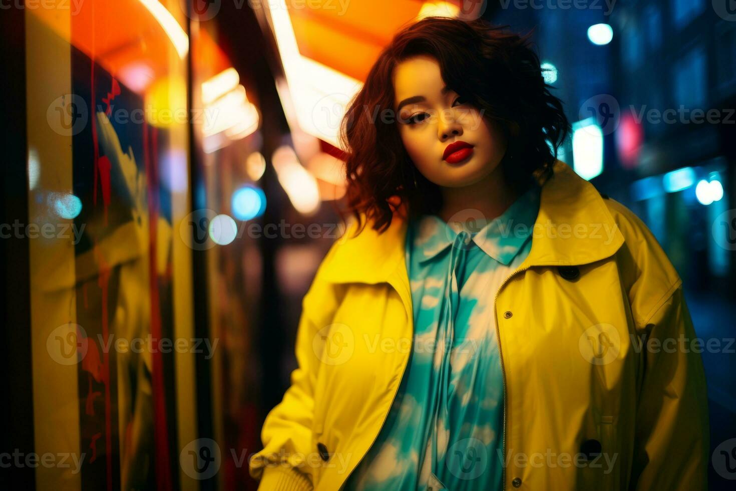 Plus size modern woman rocking modern against the vibrant neon streets AI Generative photo