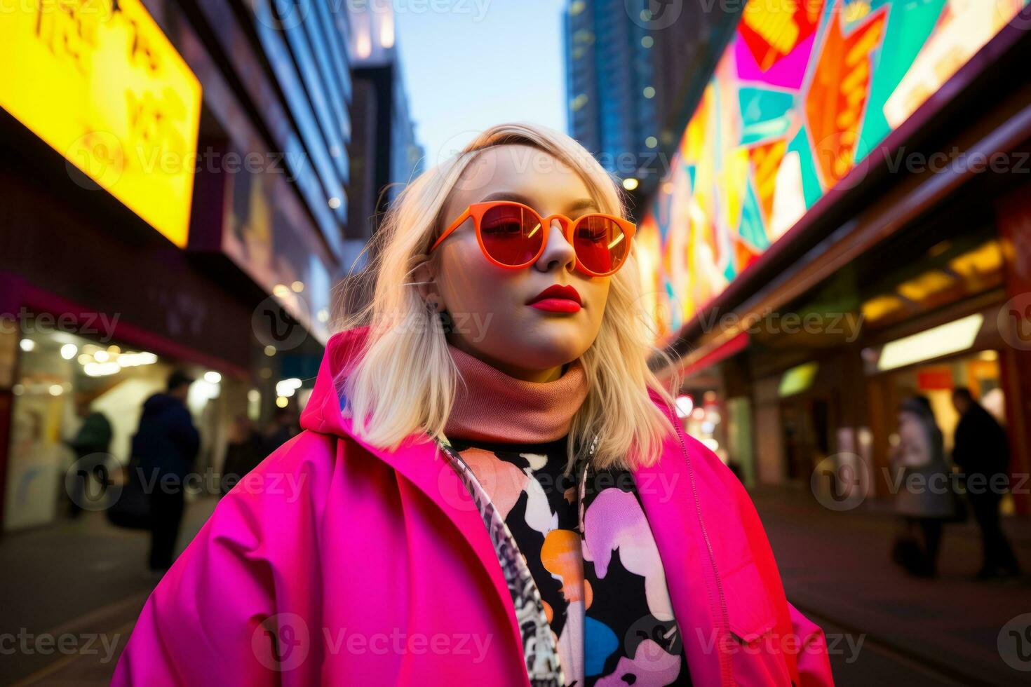 Plus size modern woman rocking modern against the vibrant neon streets AI Generative photo