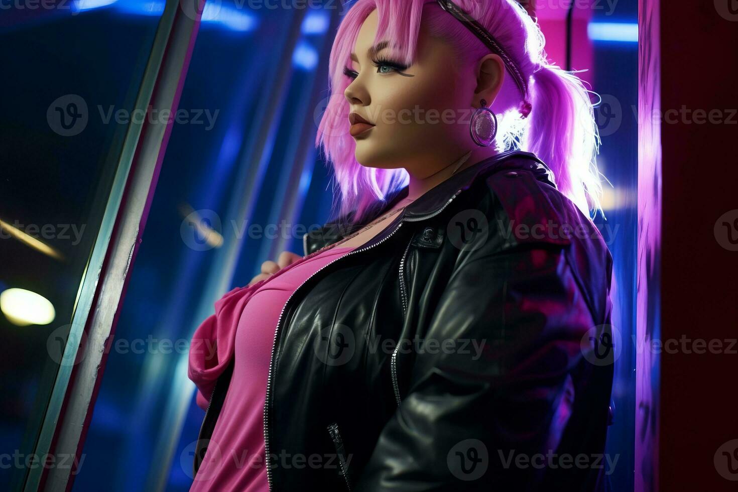 Plus size modern woman rocking modern against the vibrant neon streets AI Generative photo