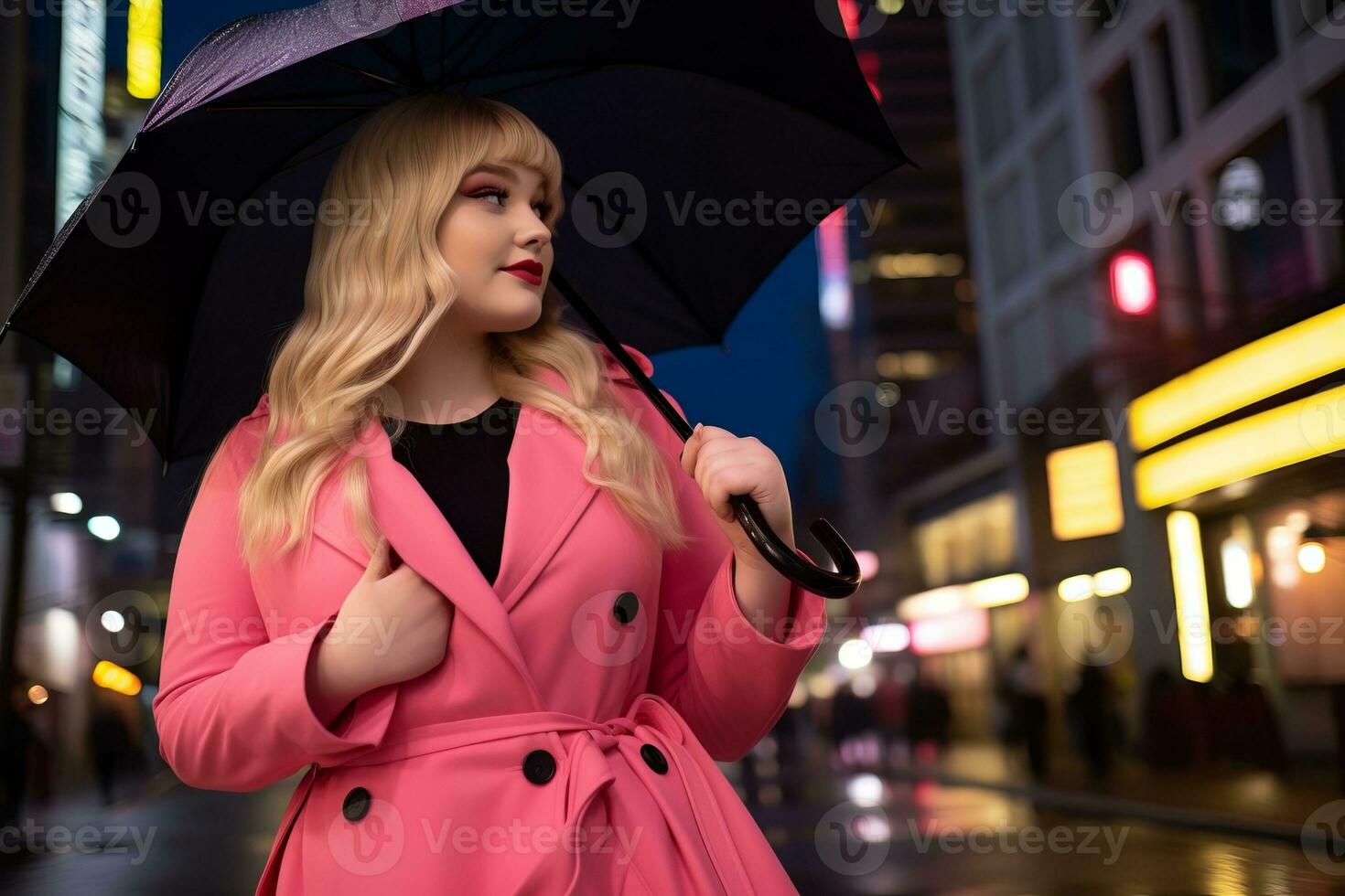 Plus size modern woman rocking modern against the vibrant neon streets AI Generative photo