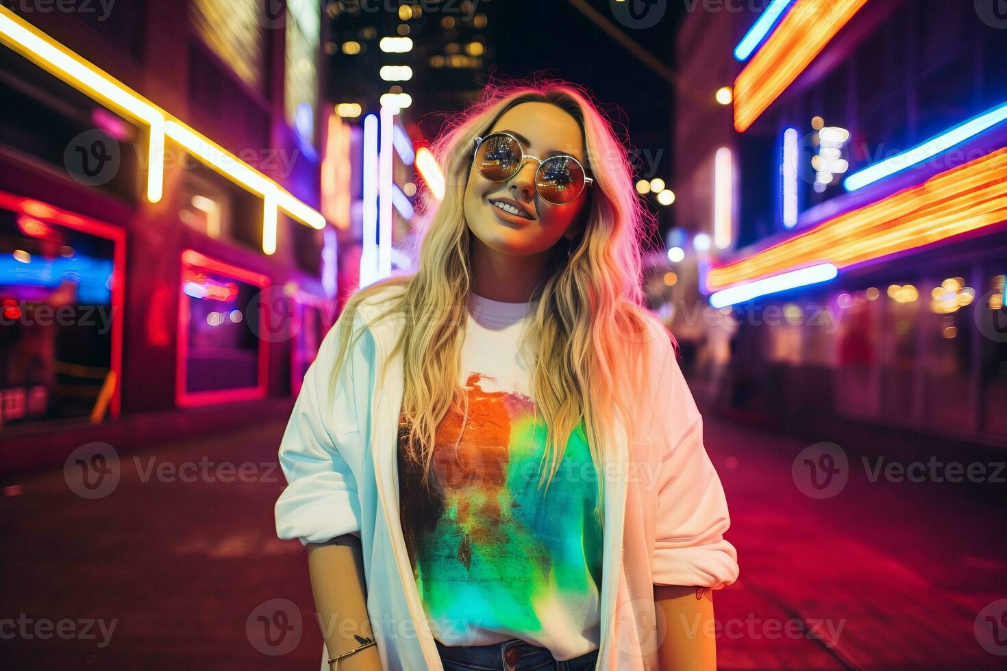 Plus size modern woman rocking modern against the vibrant neon streets AI Generative photo