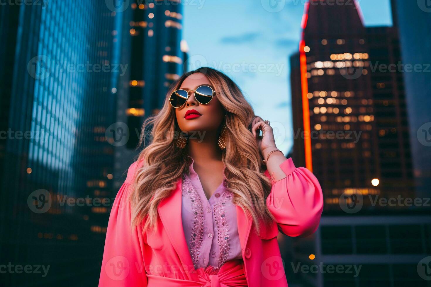 Plus size modern woman rocking modern against the vibrant neon streets AI Generative photo