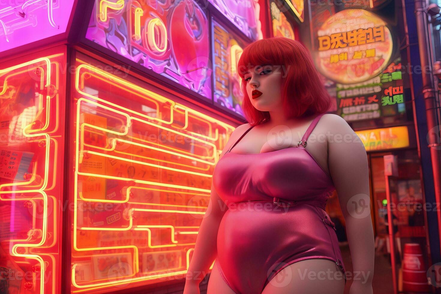 Plus size modern woman rocking modern against the vibrant neon streets AI Generative photo