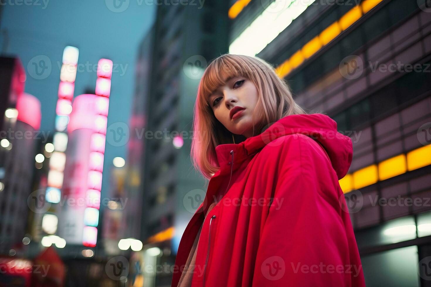 Plus size modern woman rocking modern against the vibrant neon streets AI Generative photo