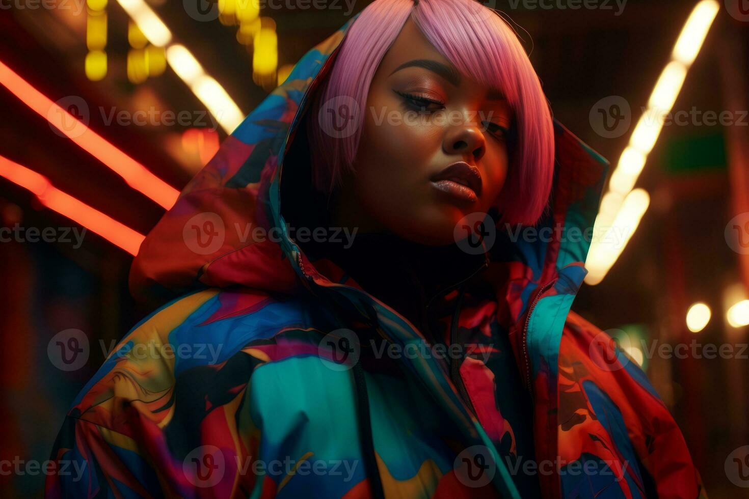Plus size modern woman rocking modern against the vibrant neon streets AI Generative photo