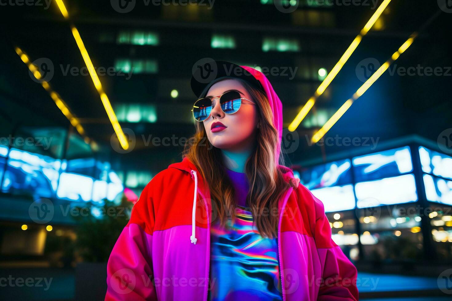 Plus size modern woman rocking modern against the vibrant neon streets AI Generative photo