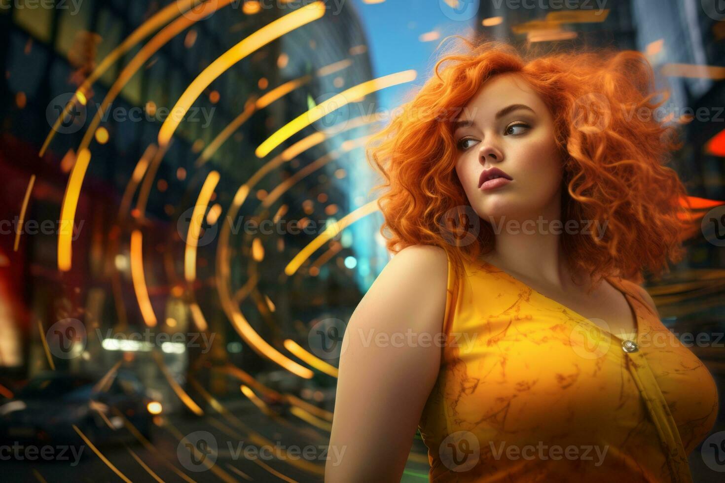 Plus size modern woman rocking modern against the vibrant neon streets AI Generative photo