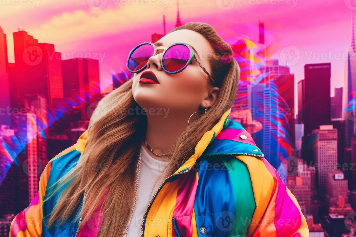 Plus size modern woman rocking modern against the vibrant neon streets AI Generative photo