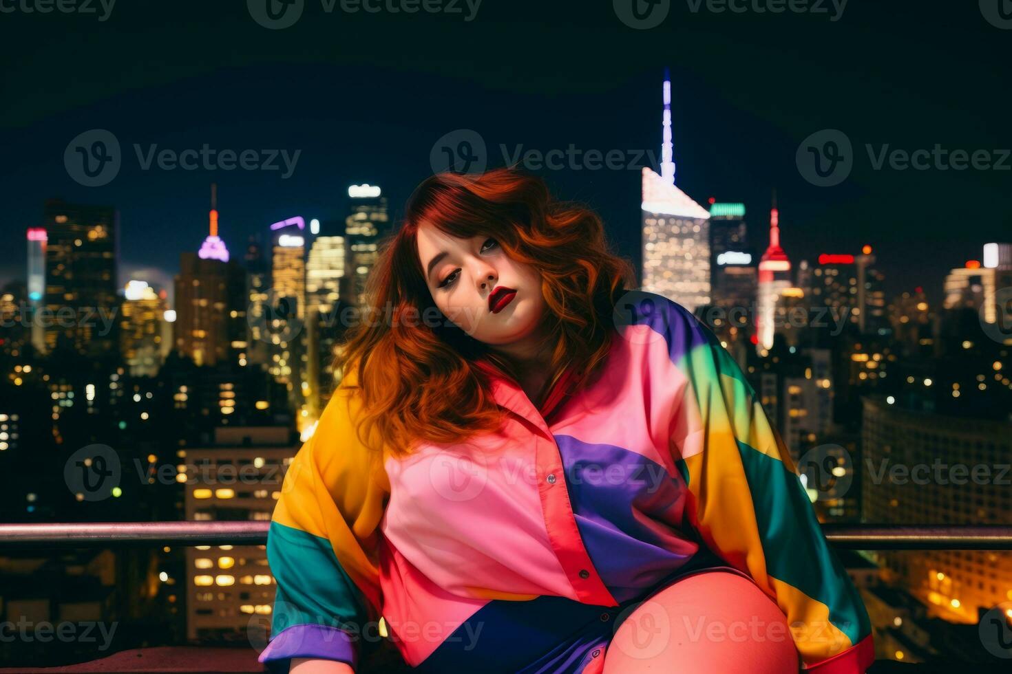 Plus size modern woman rocking modern against the vibrant neon streets AI Generative photo