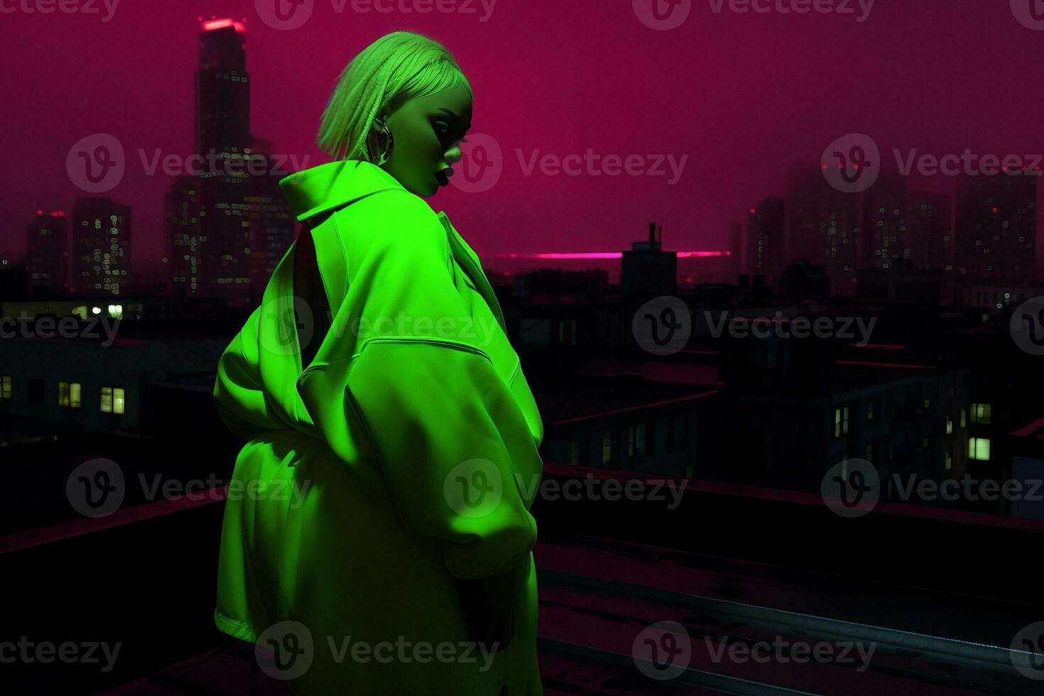 Plus size modern woman rocking modern against the vibrant neon streets AI Generative photo