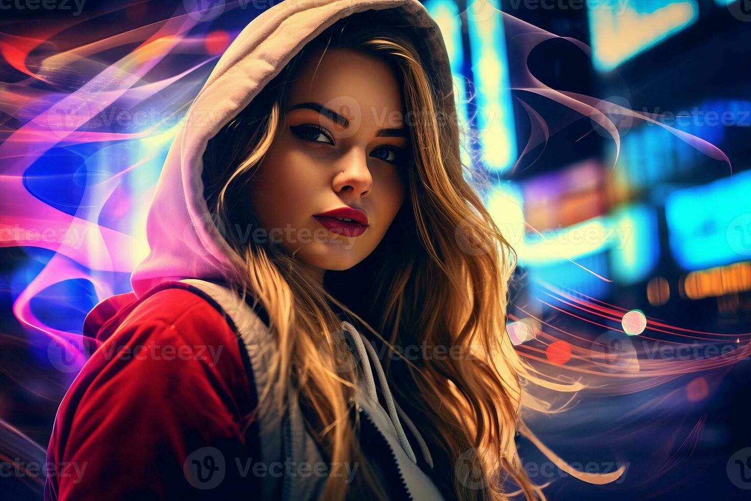 Plus size modern woman rocking modern against the vibrant neon streets AI Generative photo