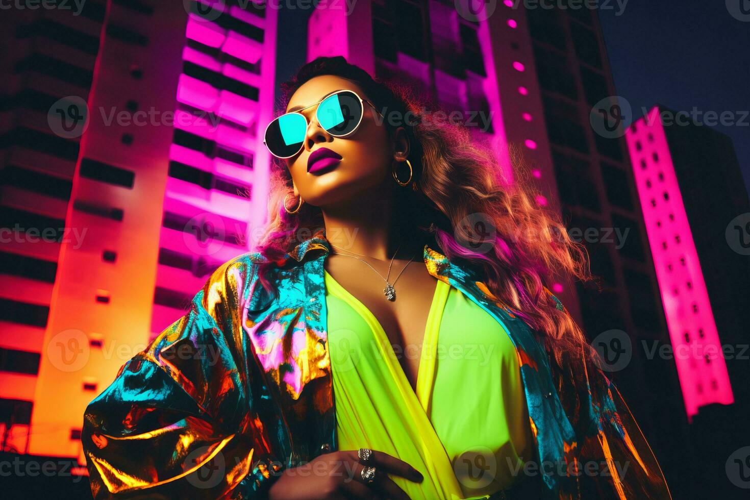 Plus size modern woman rocking modern against the vibrant neon streets AI Generative photo