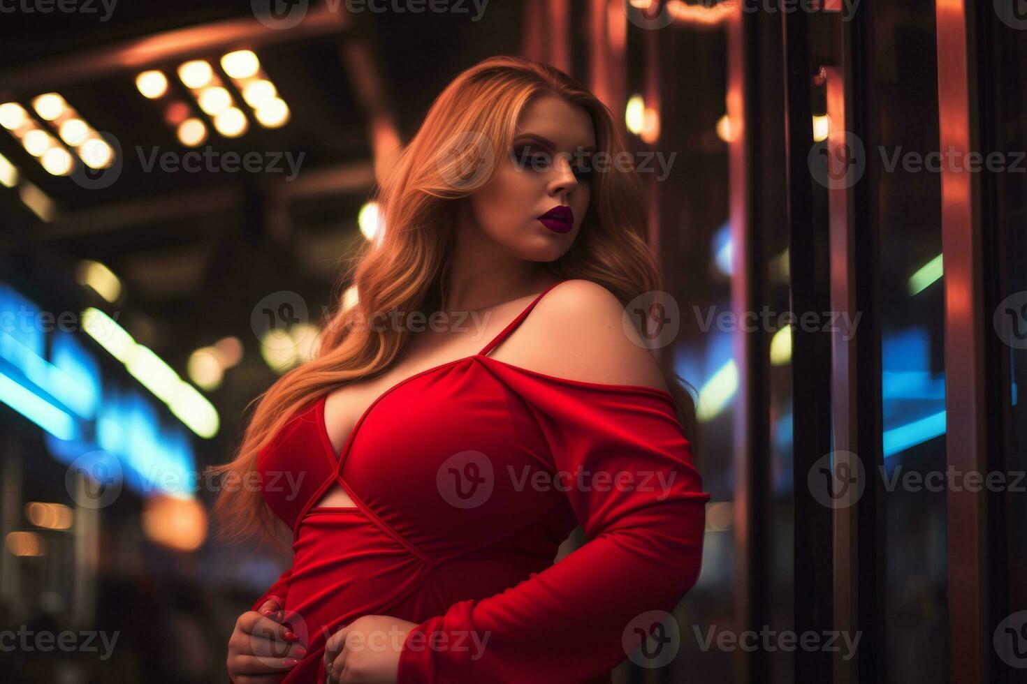 Plus size modern woman rocking modern against the vibrant neon streets AI Generative photo
