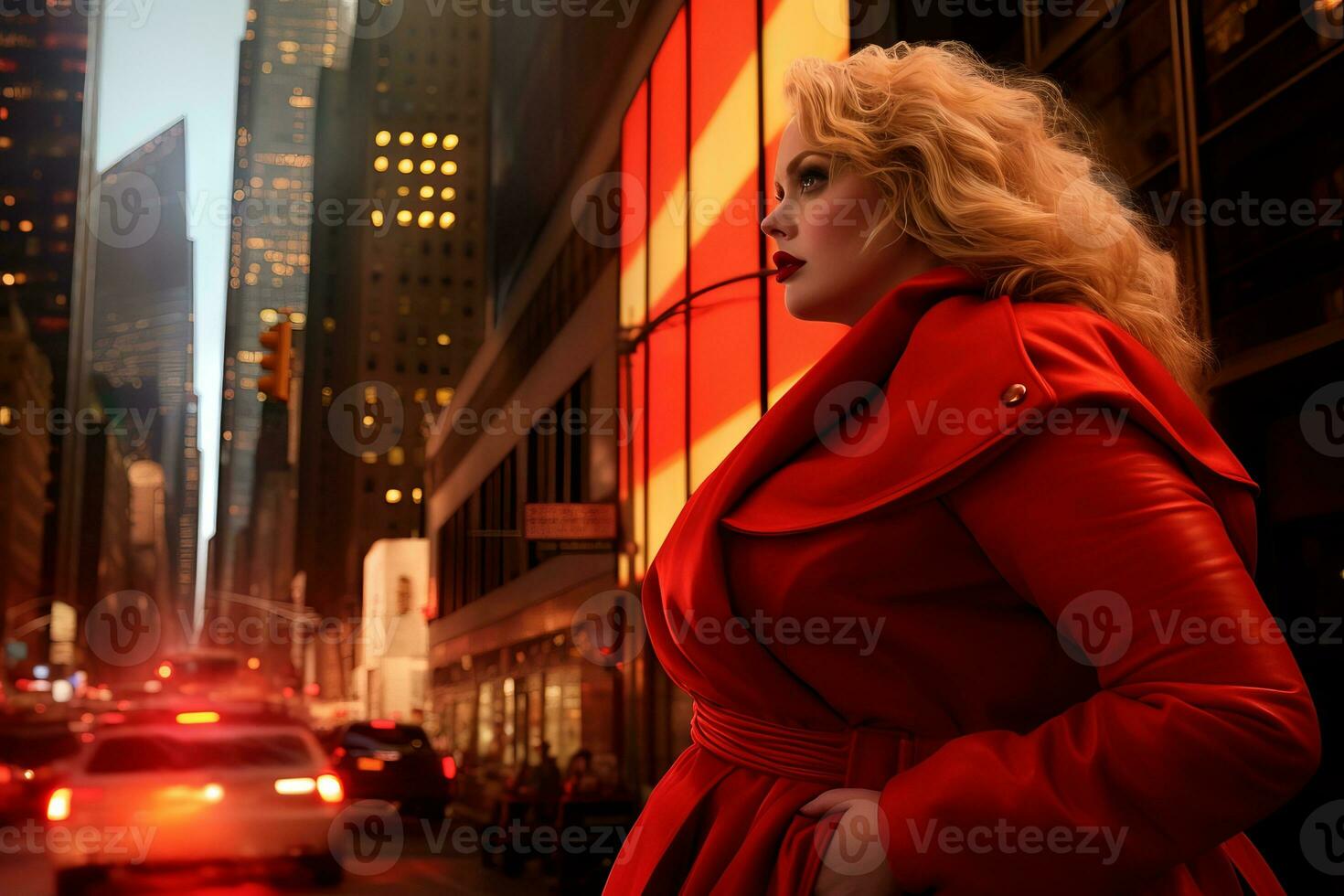 Plus size modern woman rocking modern against the vibrant neon streets AI Generative photo