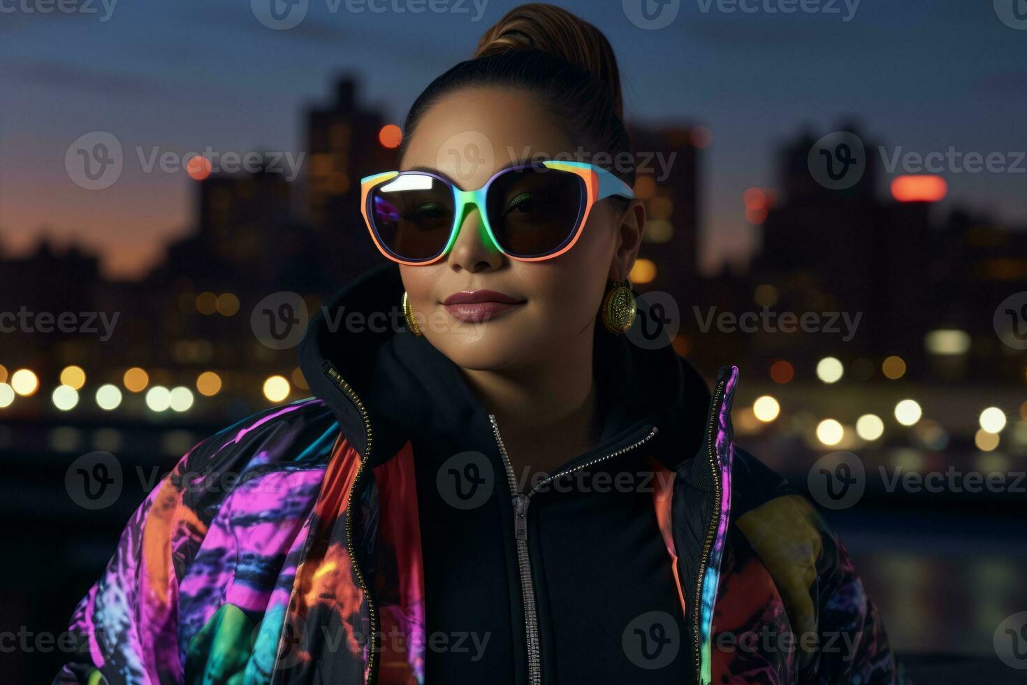 Plus size modern woman rocking modern against the vibrant neon streets AI Generative photo