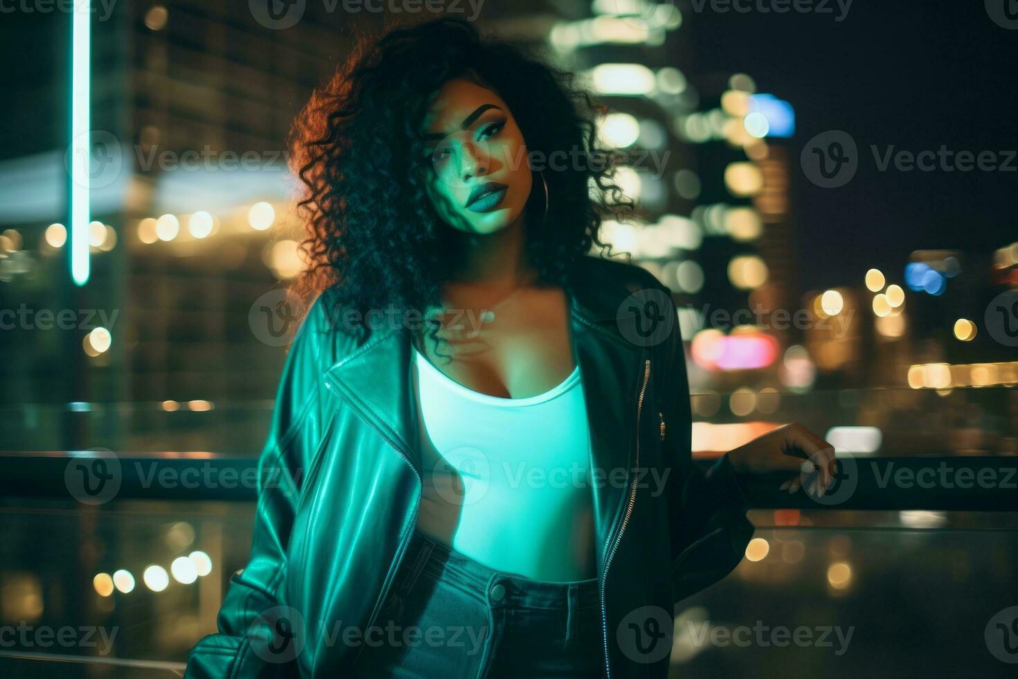 Plus size modern woman rocking modern against the vibrant neon streets AI Generative photo