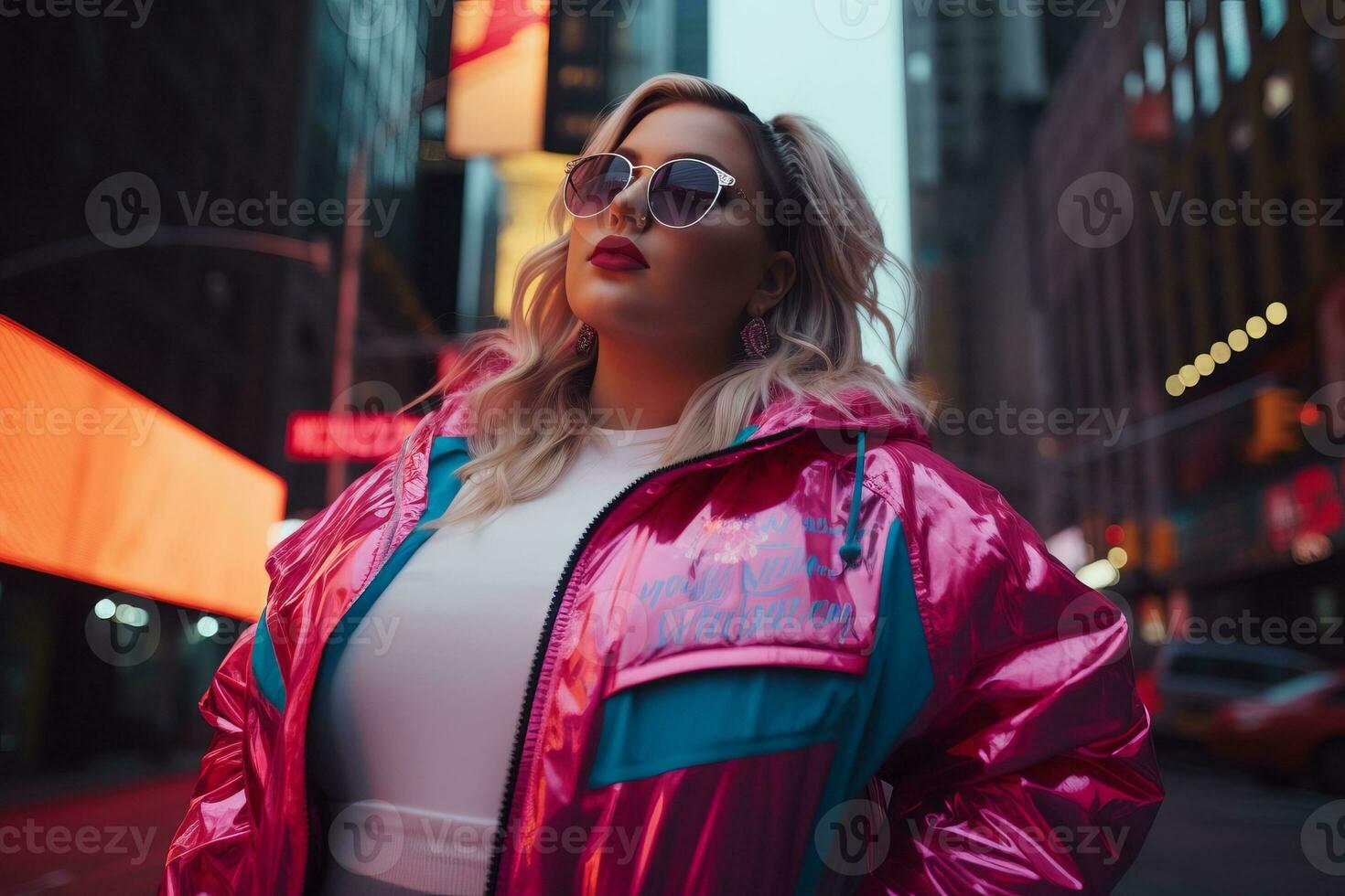 más Talla moderno mujer balanceo moderno en contra el vibrante neón calles ai generativo foto