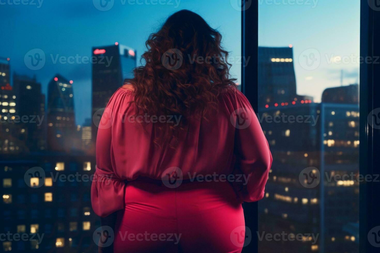 Plus size modern woman rocking modern against the vibrant neon streets AI Generative photo