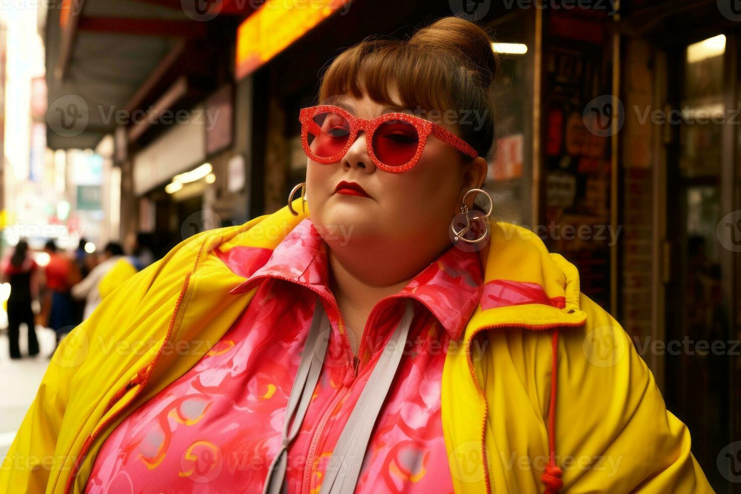 Plus size modern woman rocking modern against the vibrant neon streets AI Generative photo