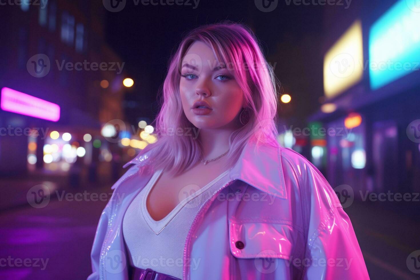 Plus size modern woman rocking modern against the vibrant neon streets AI Generative photo