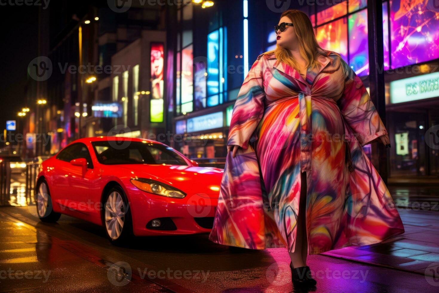 Plus size modern woman rocking modern against the vibrant neon streets AI Generative photo