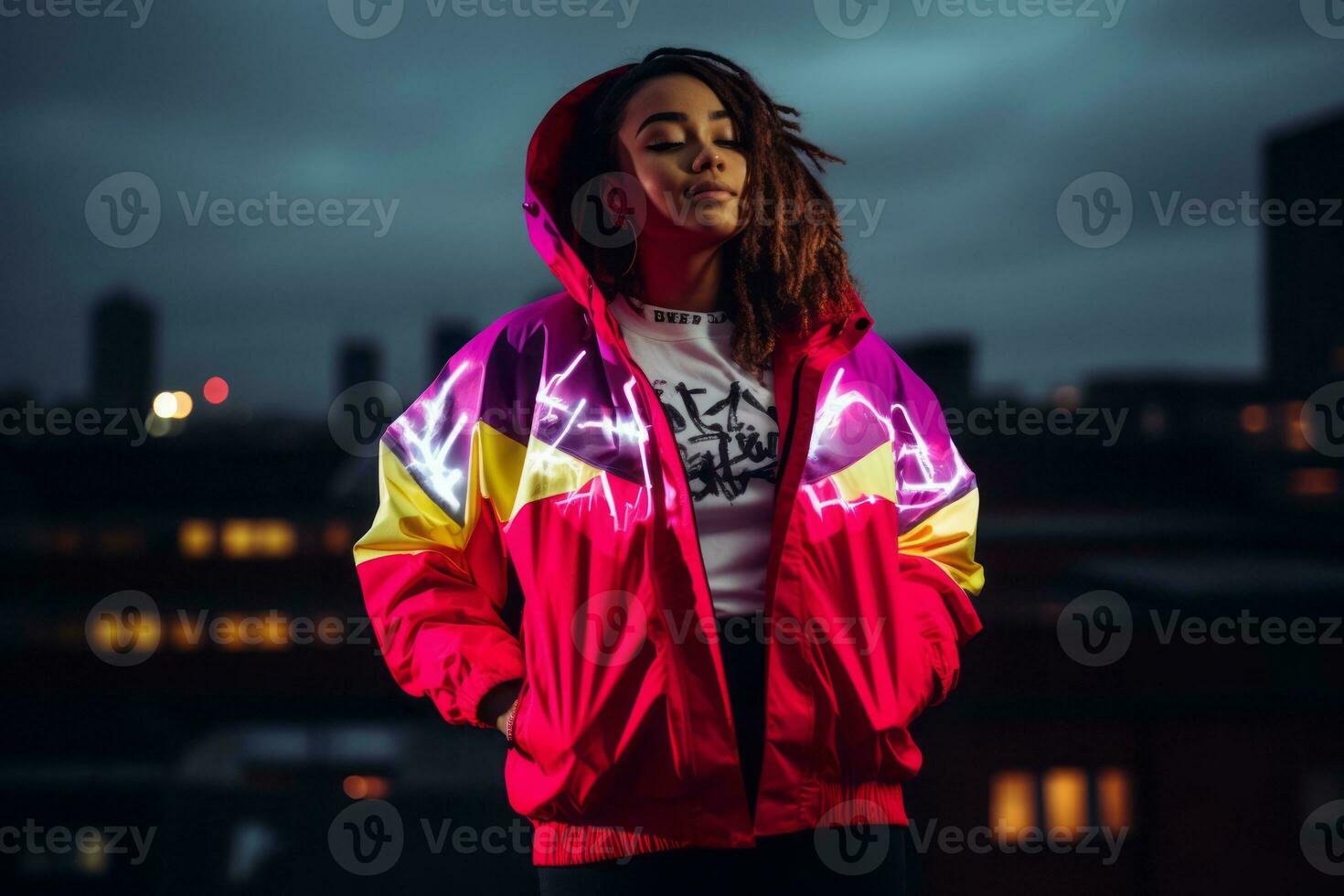 Plus size modern woman rocking modern against the vibrant neon streets AI Generative photo