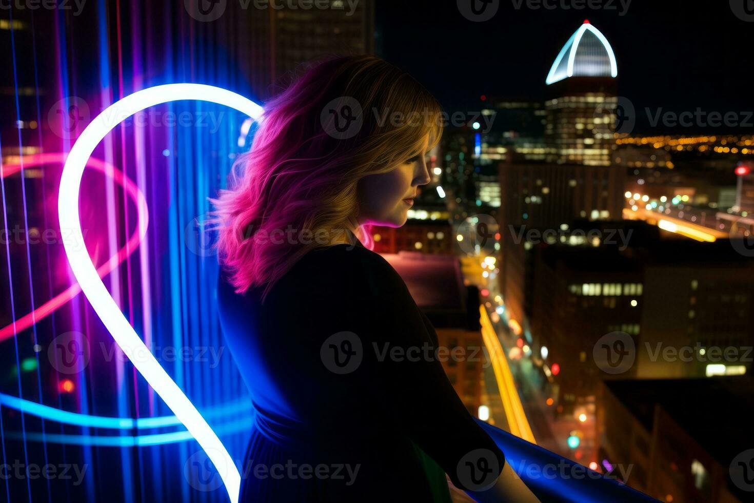 Plus size modern woman rocking modern against the vibrant neon streets AI Generative photo